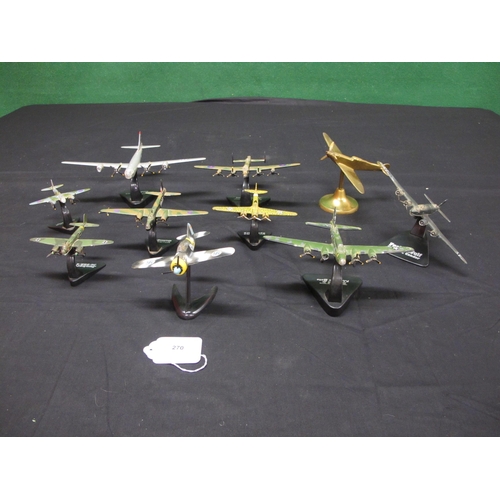 270 - Nine playworn metal and plastic model aircraft to include: Wellington Lancaster and Junkers Bombers ... 