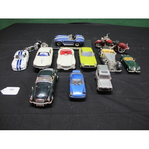 272 - Twelve loose and playworn model cars and motorcycles to include: Universal Hobbies MGB GT, Burago Me... 