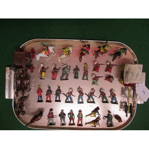 278 - Tray of painted metal cowboys and Indians, horses, a covered wagon and a J Hill & Co. stagecoach