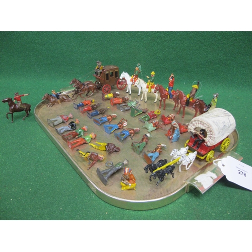 278 - Tray of painted metal cowboys and Indians, horses, a covered wagon and a J Hill & Co. stagecoach