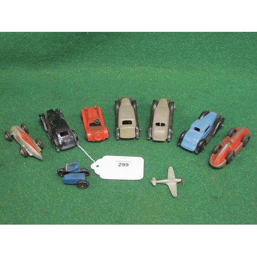 299 - Seven early Dinky diecast Sedans, sports cars and racing cars together with a blue motorcycle combin... 