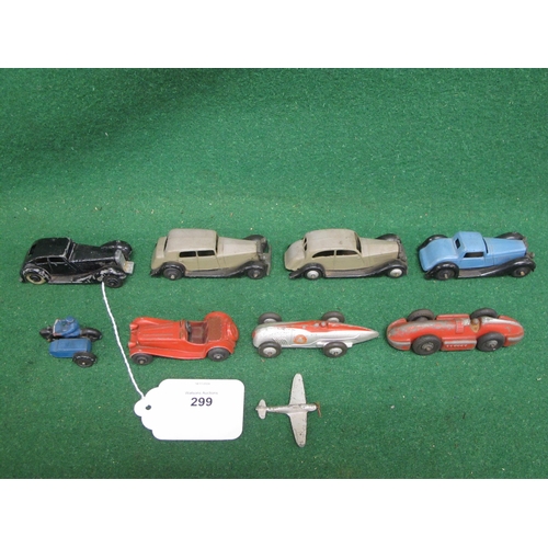 299 - Seven early Dinky diecast Sedans, sports cars and racing cars together with a blue motorcycle combin... 