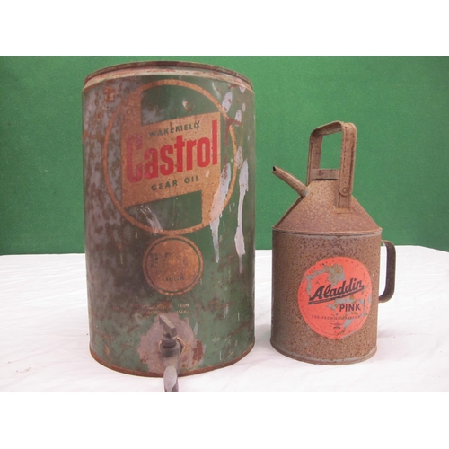 3 - Five gallon Castrol gear oil drum with handle, cap and tap together with an Aladdin Pink paraffin ca... 