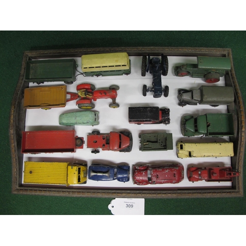 309 - Tray of seventeen loft find playworn 1940's-1950's Dinky commercial and farm diecast vehicles togeth... 