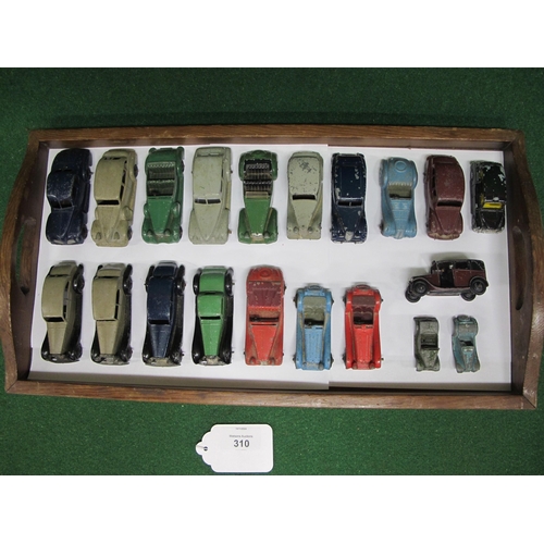 310 - Tray of twenty loft find playworn 1930's-1950's diecast Dinky cars and a taxi together with a later ... 