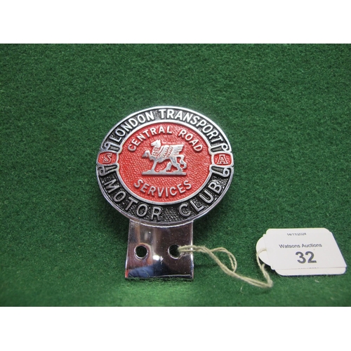 32 - Polished metal car badge for London Transport Motor Club - Central Road Services with red and black ... 