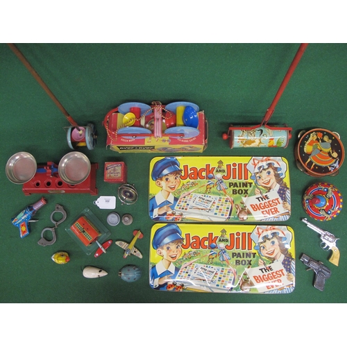 322 - Collection of tinplate and metal toys to include: Playmate scales, Push-a-long chimes, hand guns, sm... 