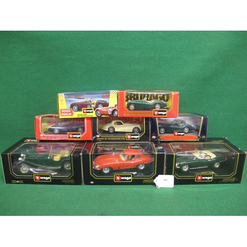 328 - Eight boxed 1:18 and 1:24 scale Burago metal and plastic plinthed models of Jaguars to comprise: 193... 