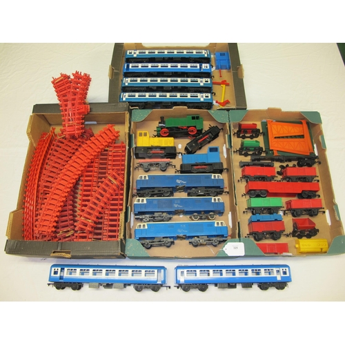 329 - Four boxes of playworn Triang battery powered plastic Big-Big Train items to include: three Blue-Fli... 