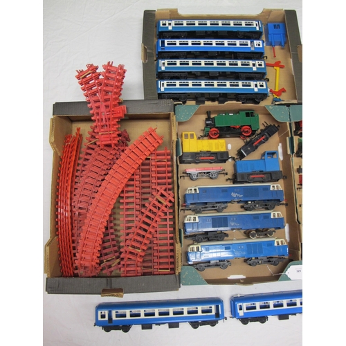 329 - Four boxes of playworn Triang battery powered plastic Big-Big Train items to include: three Blue-Fli... 