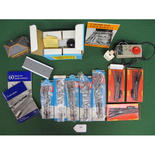 339 - Mixed lot of boxed Hornby and Peco points, two controllers, Peco booklets, card signal box etc