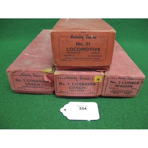 354 - Four boxed Hornby O gauge items to comprise: No. 51 0-4-0 clockwork locomotive No. 50153 (working), ... 