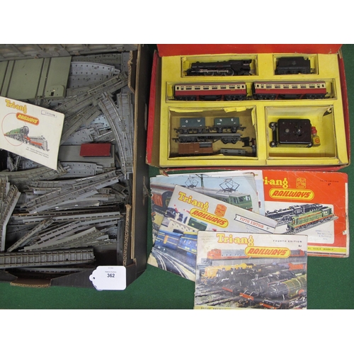 362 - Early Triang OO scale items to include: passenger train set, wagons, bridge, large quantity of balla... 