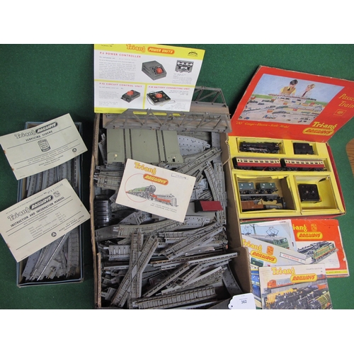 362 - Early Triang OO scale items to include: passenger train set, wagons, bridge, large quantity of balla... 