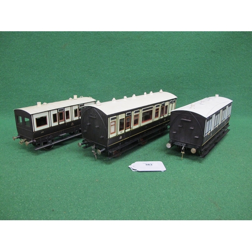 383 - Three all metal Guage 1 L&NW Rly carriages to comprise: four wheel two compartment with end windows ... 