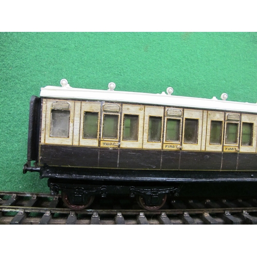 384 - Two Gauge 1 wood and metal bogie corridor coaches, all 3rd Brake with ducketts and 3rd and 1st compo... 