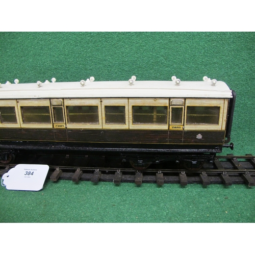 384 - Two Gauge 1 wood and metal bogie corridor coaches, all 3rd Brake with ducketts and 3rd and 1st compo... 