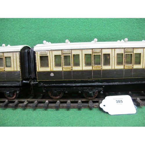 385 - Two Gauge 1 wood and metal bogie corridor coaches, all 3rd Brake with ducketts and 3rd and 1st compo... 