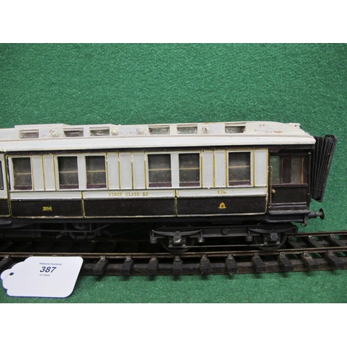 387 - Wood and metal Gauge 1 1st and 3rd Class corridor Clerestory coach No. 124 with door handles, hand r... 