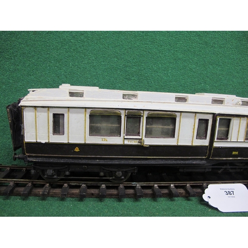 387 - Wood and metal Gauge 1 1st and 3rd Class corridor Clerestory coach No. 124 with door handles, hand r... 