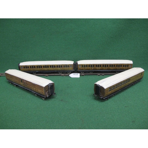 403 - Four O Gauge hand painted metal LNER Gresley Teak Bogie coaches to comprise: 3rd and 1st Class Corri... 