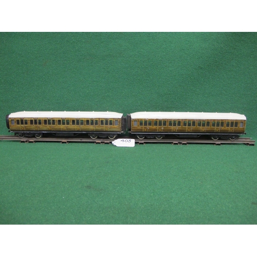 403 - Four O Gauge hand painted metal LNER Gresley Teak Bogie coaches to comprise: 3rd and 1st Class Corri... 