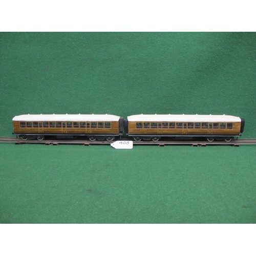 403 - Four O Gauge hand painted metal LNER Gresley Teak Bogie coaches to comprise: 3rd and 1st Class Corri... 