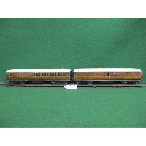 403 - Four O Gauge hand painted metal LNER Gresley Teak Bogie coaches to comprise: 3rd and 1st Class Corri... 