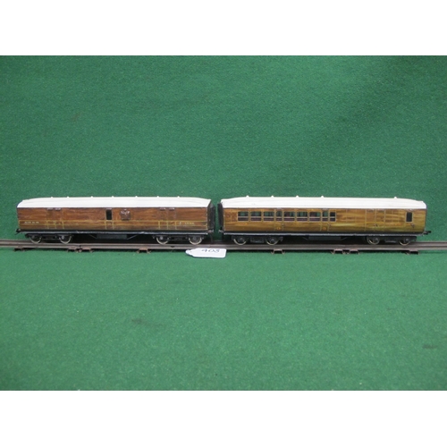 403 - Four O Gauge hand painted metal LNER Gresley Teak Bogie coaches to comprise: 3rd and 1st Class Corri... 