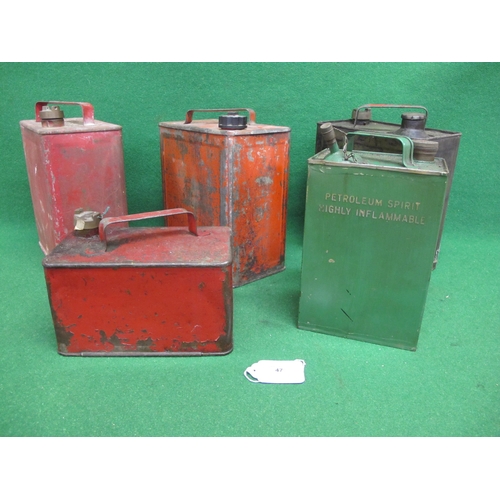 47 - Group of five fuel cans to comprise: one with integral oil reservoir and Pratts cap, embossed C 1941... 