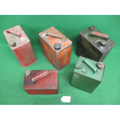 47 - Group of five fuel cans to comprise: one with integral oil reservoir and Pratts cap, embossed C 1941... 