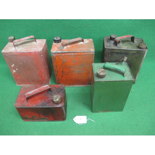 47 - Group of five fuel cans to comprise: one with integral oil reservoir and Pratts cap, embossed C 1941... 