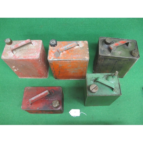 47 - Group of five fuel cans to comprise: one with integral oil reservoir and Pratts cap, embossed C 1941... 