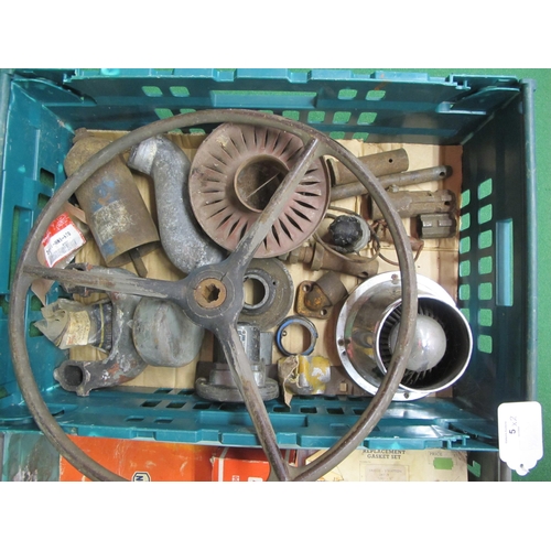 5 - Two crates of vintage tractor parts, spares and steering wheel together with gasket sets and spares ... 