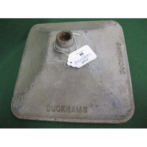 69 - Heavy square cast base with Duckhams in raised letters on two sides, possibly for a rotating forecou... 