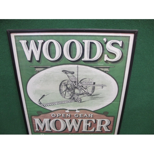 73 - Original unused retailers advertising poster for Wood's Open Gear Mower with an illustration of the ... 