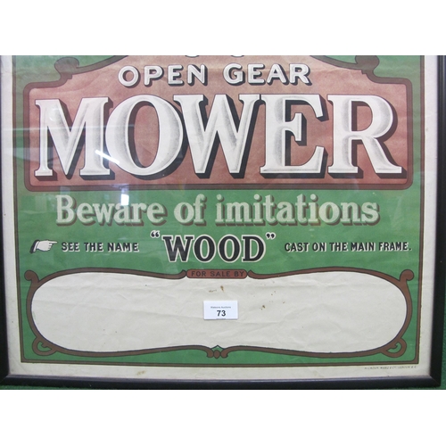 73 - Original unused retailers advertising poster for Wood's Open Gear Mower with an illustration of the ... 