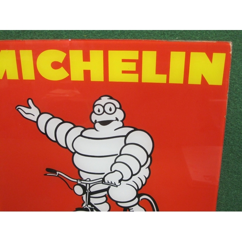 75 - Rare and unusual glass sign for Michelin featuring a happy Bibendum on a bicycle - 12-13.25