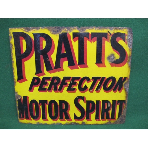 77 - Double sided enamel advertising sign for Pratt's Perfection Motor Spirit, red shaded black letters o... 