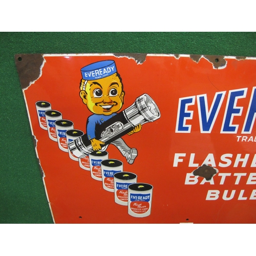 82 - Enamel advertising sign for Eveready Trademark Flashlights, Batteries, Bulbs featuring the Eveready ... 