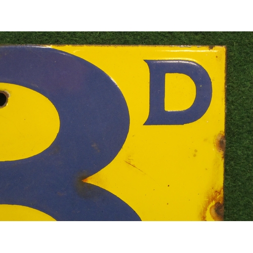 83 - Small but bright enamel sign for 3D, blue figures on a yellow ground - 8