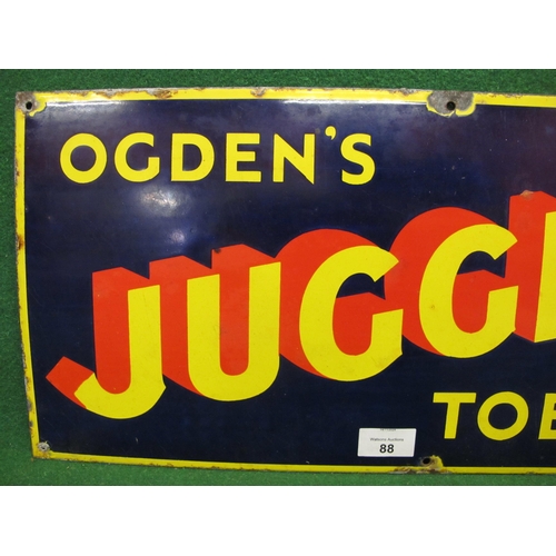 88 - Enamel advertising sign for Ogden's Juggler Tobacco, red and yellow letters on a Royal blue ground w... 