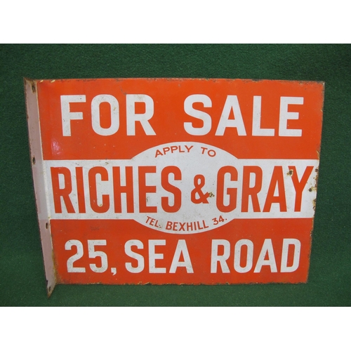 91 - Double sided red and white enamel Estate Agents For Sale sign for Riches & Gray, 25 Sea Road Tel. Be... 