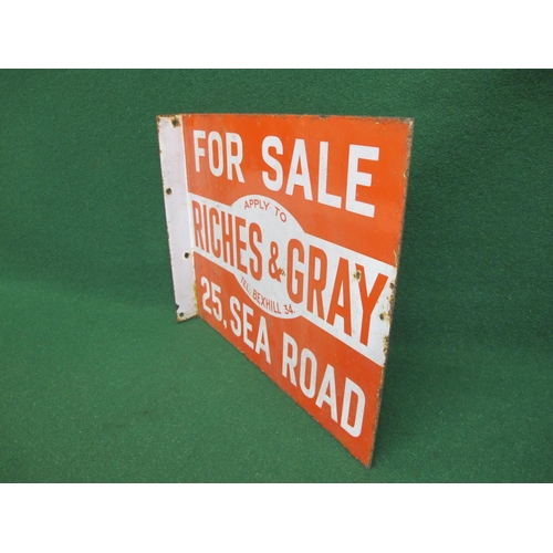 91 - Double sided red and white enamel Estate Agents For Sale sign for Riches & Gray, 25 Sea Road Tel. Be... 