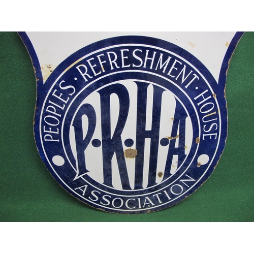 92 - Double sided blue and white enamel hanging sign for PRHA Peoples Refreshment House Association Inn w... 