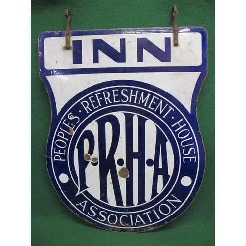 92 - Double sided blue and white enamel hanging sign for PRHA Peoples Refreshment House Association Inn w... 