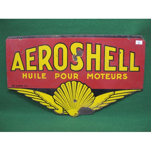 97 - French double sided enamel sign for Aeroshell Huile Pour Moteurs En Vente Ici, yellow letters on a r... 