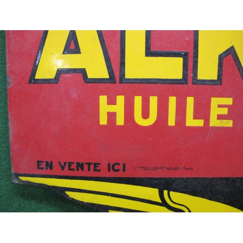 97 - French double sided enamel sign for Aeroshell Huile Pour Moteurs En Vente Ici, yellow letters on a r... 