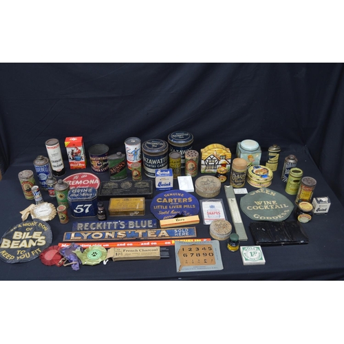 179 - Collection of tins and advertising items for Heinz 57, Walkers Foot Powder, Propert's Leather Soap, ... 