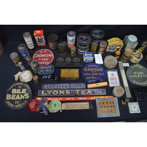179 - Collection of tins and advertising items for Heinz 57, Walkers Foot Powder, Propert's Leather Soap, ... 